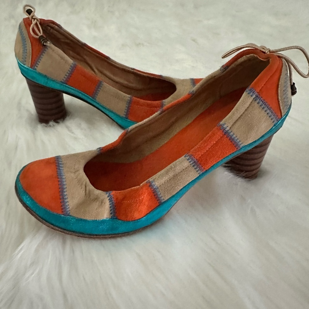 Hand Made Leather Orange and Tan Chunky Heels with Patchwork Design
